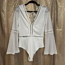 Eilly Bazar White Plunging Neck Lace Trim Tied Backless Bodysuit XS NWT