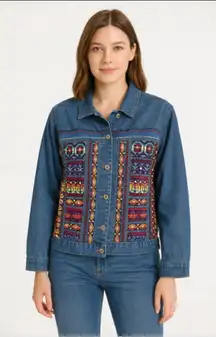 Women's Chico's Design Jean Jacket with Multicolor Embroidery