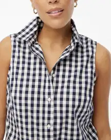 J Crew Factory Navy White Gingham Cotton Sleeveless Collar Button Down Sz Small