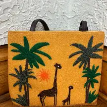 VTG 90’s CHICO’s Beaded Safari Giraffe Palm Tree Leather Shoulder Bag Tote