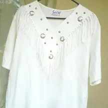 VINTAGE 80S 90S SASSA WESTERN FRINGE COWGIRL SHIRT WHITE STUDDED TOP SHIRT