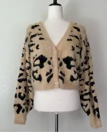 Lulu's Fierce Heart Beige Leopard Print Eyelash Knit Cropped Cardigan