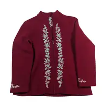 Coldwater Creek Women's XL Red Wool Zip Up Jacket Floral Embroidery cottagecore