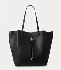 NEW Lauren Ralph Lauren Andie Large Leather Drawstring Tote, Black Retail $395