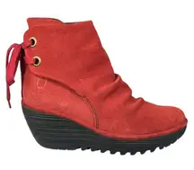Fly London Yama Wedge Suede Leather Back Tie Booties Red Orange Size 38