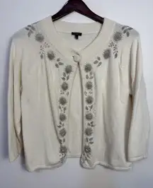 Talbots Sweater Top Button Cream Ivory Beaded Lambswool Angora Size‎ L