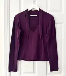 Susana Monaco Royal Purple 3/4 Sleeve V Tie Neck Stretch Jersey Blouse Large