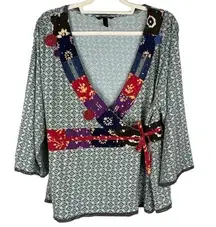 💙SALE 3/$25 SOMA BY CHICOS ANASTASIA PELA KIMONO PATCHWORK CROSSOVER TOP BLUE