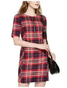 Trina Turk Truett Plaid Shift Dress Size 10 Front Zip Pockets Twee Tartan Mod