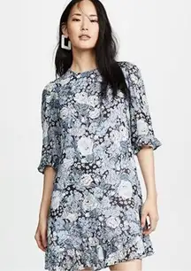 GANNI Elm Blue Floral Printed Ruffle Georgette Dress in Heather Size 4 Small