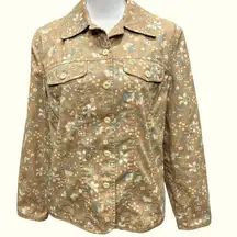 Orvis Khaki Light Blue White Floral Print Pattern‎ Cotton Jeans Jacket Size S