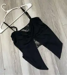 Y2K Lace Tank Top ruched open crop womens Black (medium) dark going out party