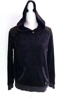 Juicy Couture S Gold Studded Black Crushed Velour Velvet Hoodie Pullover Top S