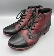 Remonte Size 38 Boots‎ Womens Red Black Leather Lace Up Ankle Grunge Moto