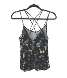 American Eagle Soft & Sexy Black Floral Wrap Front Strappy Tank