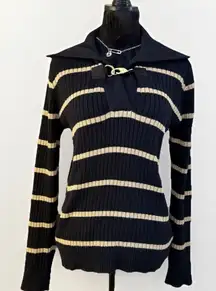 Ralph Lauren Black Gold Metallic Striped Rib Knit Sweater Y2K Preppy Size