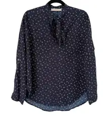 Abercrombie & Fitch Butterfly Navy Blue Neck Tie Popover Blouse Size Small