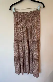 Rachel Paige Smocked Waist Pull On Wide Leg Pants Floral Brown Women's Size L