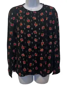 𝅺LOFT EUC Black Pink Floral Gold Metallic Long Sleeve Blouse Sz XS