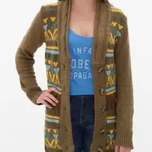 BKE Buckle Sweater Womens Large Brown Mustard Button Up Cardigan Bohemian Knit