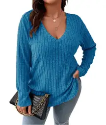 SHEIN Curve NWOT Blue V-Neck Ribbed Knit Top