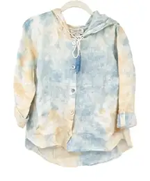 Rachel Zoe Women Boho Tie Dye 100% Linen Hooded‎ Button Up Shirt Top Size M