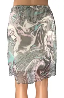 Persaya Gray Marble Print Elastic Waist Mesh Sheer Knee Length Pencil Skirt L