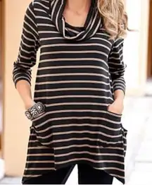 Womens Venus Striped Cowl Neck Tunic Top Sweater with Pockets - Sz L