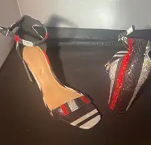 INC International Concepts Heels Red Silver Stripe Ankle‎ Strap Party Shoes