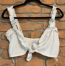 Sabo Skirt Women's Ribbed Lettuce Trim Ruffle Tie Front Crop Top‎ Tank White - L