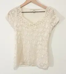 Merona White Lace Top S Romantic Floral V-Neck Cap Sleeve 