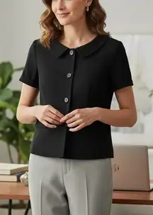 Theory Black Peter Pan Collar Textured short Sleeve Four Button Career Blazer