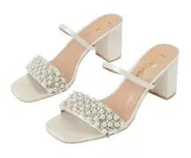 Lulu's Karcen Ivory Satin Pearl Rhinestone High Heel Slide Sandals EUC