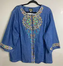 Bob Mackie jacket size 2X denim embroidered aztec southwestern dreamcatcher