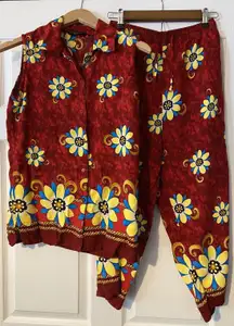 Vintage red floral pajama set size Medium sleepwear sleeveless  elastic waist