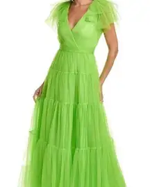 ML Monique Lhuillier Halcyon Green Flutter Sleeve Tiered Tulle Gown