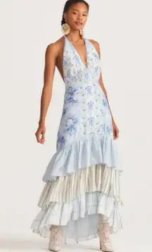 Loveshackfancy Sicilia Floral Blue Silk Halter Maxi Dress Gown size 2
