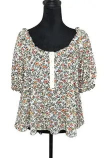 Free People Scoop Neck Button Front Floral Puff Sleeve Boho Mesh Blouse Medium