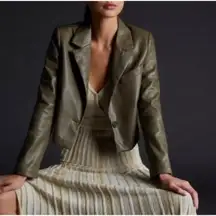 Avec Les Filles Cropped Faux Leather Blazer Taupe Green Single Button Women's S