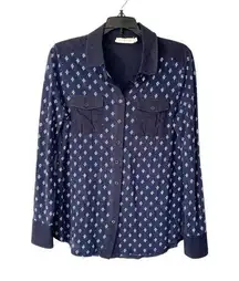 Tory Burch Linen Blend Navy Blue White Print Button Down Shirt size medium
