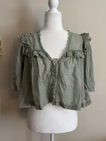 Free People Cropped Luna Blouse XS Cottagecore Lace Embroidered Ruffle Green