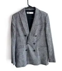 Zara Women Blazer Size Small Gray Plaid Double-Breasted Pea Coat Academia Preppy