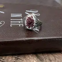 Vintage Burgundy Rose Filigree Floral Adjustable Ring