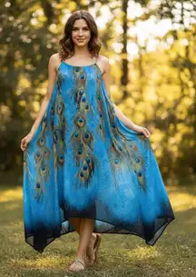 Indigo Soul Peacock Feather Print Maxi Dress Womens 2XL Blue Gold Braided Strap