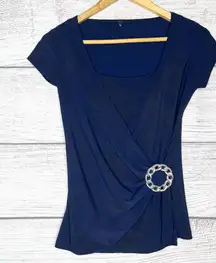 Jason Maxwell Navy Blue Draped Blouse Top with Silver Accent Size Small