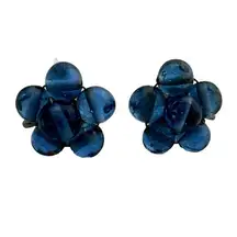 Vintage Clip On Earrings Lucite Blue Round Flower Silver Tone Metal Screw Back