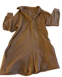 Cozy Waffle Knit Henley Romper – Brown Lounge One-Piece