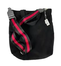 Quilted Koala Town Crossbody Tote Bag in Vegan Black Suede with Red/Black Strap