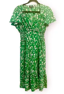 Floral Midi Dress Green White Flutter Sleeve Ruffled Hem Sz M Flowy