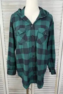BLUENOTES Women's Cotton Flannel Hooded Button Down Green/Black Check-Large